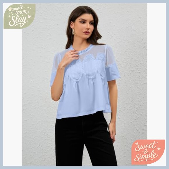 Lace Trim Babydoll Blouse Puff Sleeve Mock Neck See Through Mesh Top - Picture 5 of 7